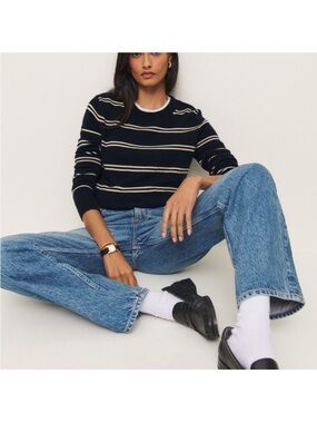 Reformation Navy and Cream Striped Cashmere Sweater Large